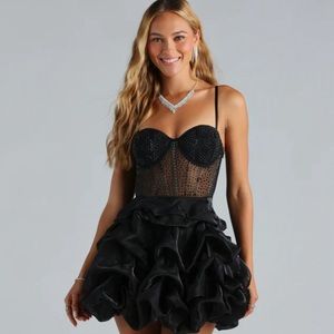 Ryann Rhinestone Corset Bubble Hem Party Dress